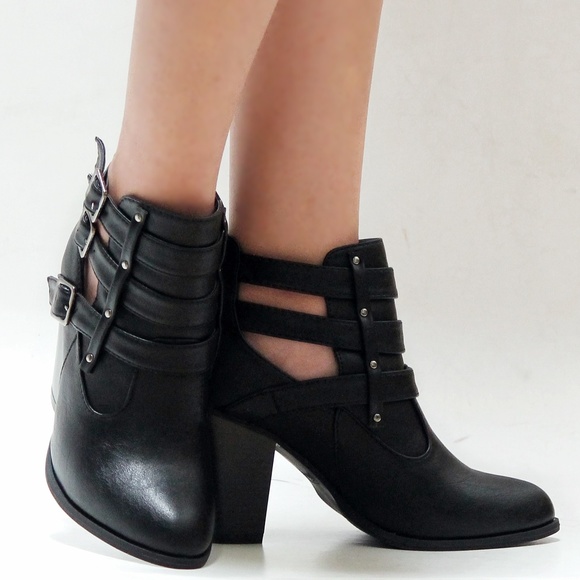 New Black Western Ankle Booties Block Heel Boots - Picture 3 of 4